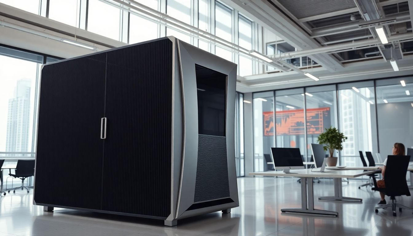 An advanced AI supercomputer in a modern office setting. An advanced AI supercomputer in a modern office setting.