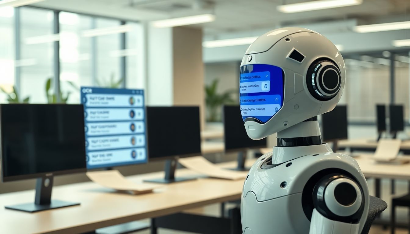 AI-powered chatbot and OCR technology processing customer queries in office setting. AI-powered chatbot and OCR technology processing customer queries in office setting.