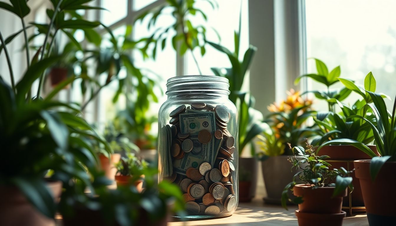 A glass jar filled with coins and bills surrounded by potted plants. A glass jar filled with coins and bills surrounded by potted plants.