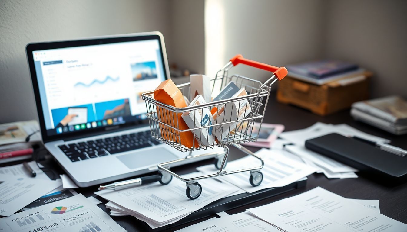 An abandoned online shopping cart and marketing materials on a messy desk. An abandoned online shopping cart and marketing materials on a messy desk.