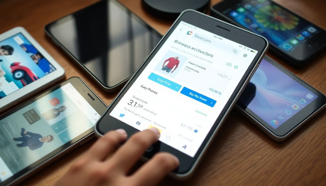 An e-commerce website interface displayed on a digital device with surrounding gadgets. An e-commerce website interface displayed on a digital device with surrounding gadgets.