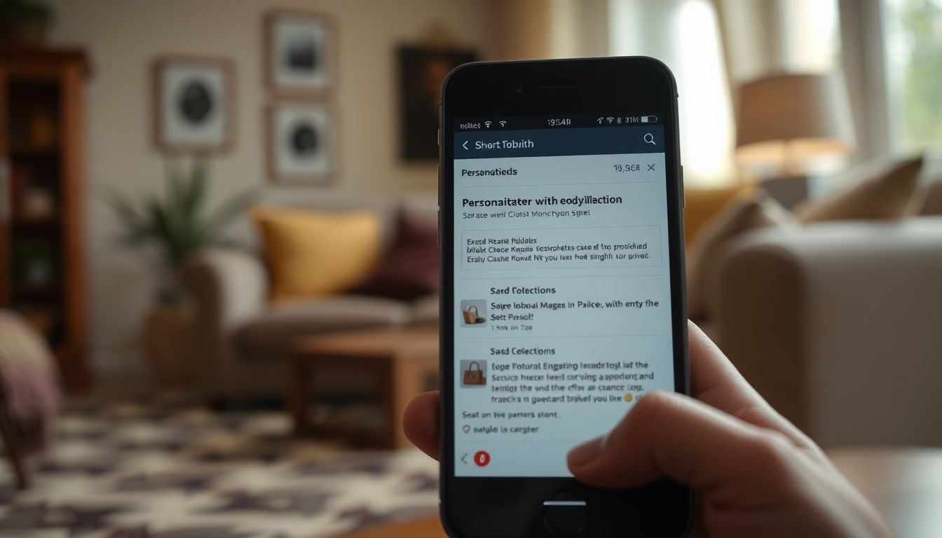 The image displays a smart device with personalized product recommendations in a cozy living room setting. The image displays a smart device with personalized product recommendations in a cozy living room setting.