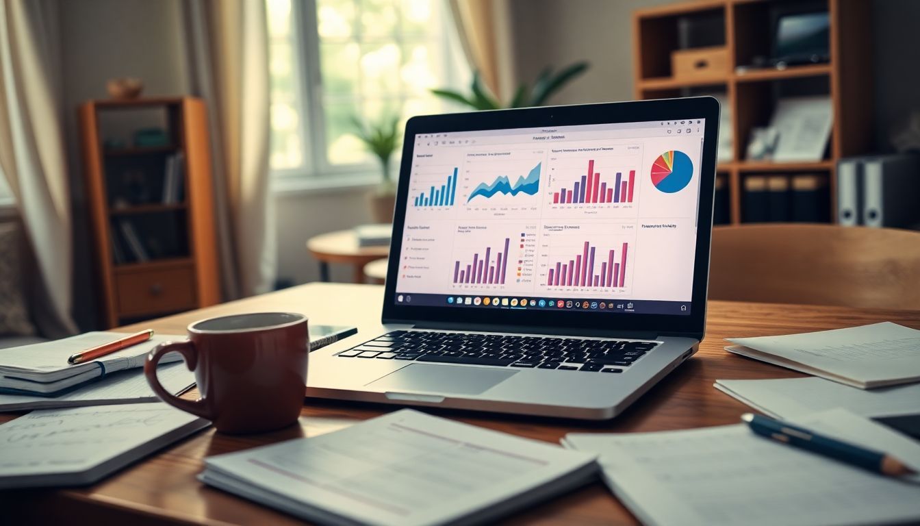 An open laptop displaying graphs and charts on a desk. An open laptop displaying graphs and charts on a desk.