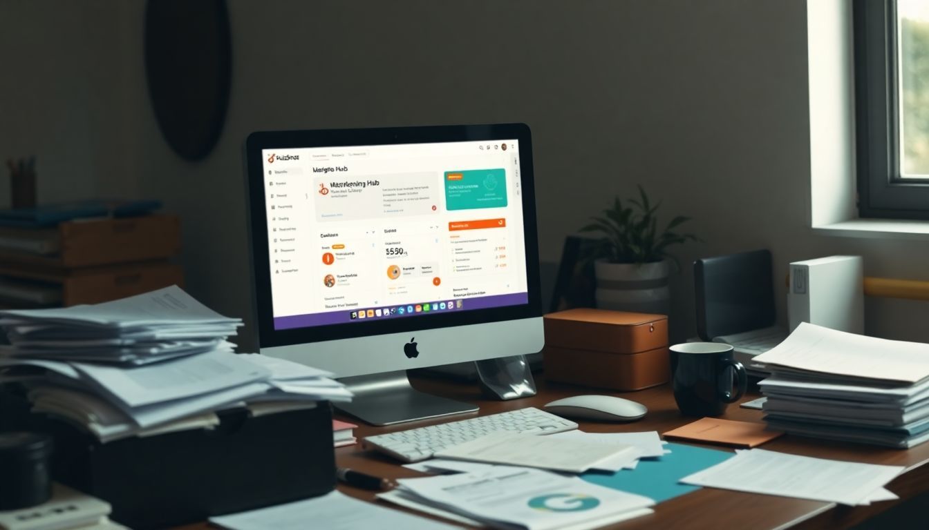 A cluttered desk with a computer displaying HubSpot's Marketing Hub.