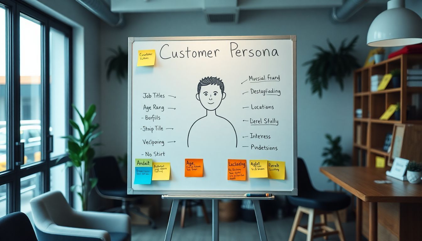 A hand-drawn customer persona surrounded by colorful post-it notes in an office. A hand-drawn customer persona surrounded by colorful post-it notes in an office.