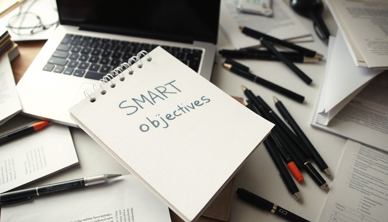 A cluttered desk with a notepad displaying SMART objectives and office supplies. A cluttered desk with a notepad displaying SMART objectives and office supplies.