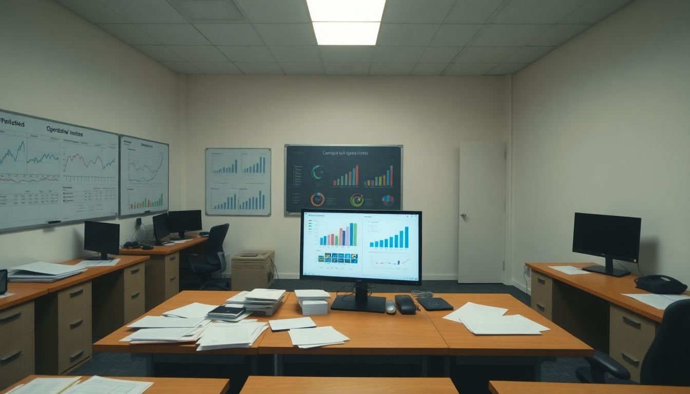 An empty office with scattered paperwork and computer screens displaying KPI metrics. An empty office with scattered paperwork and computer screens displaying KPI metrics.