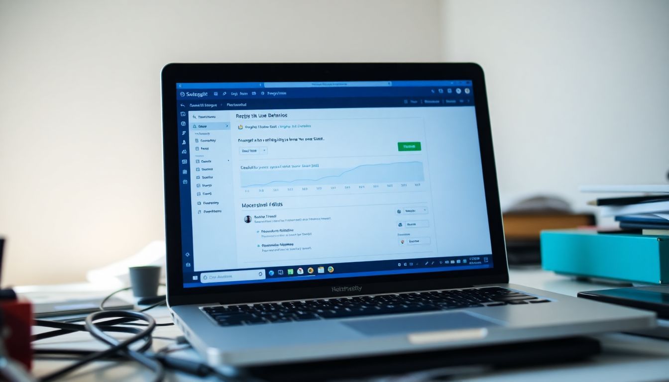 AI tool analyzing user behavior on laptop screen in cluttered office.