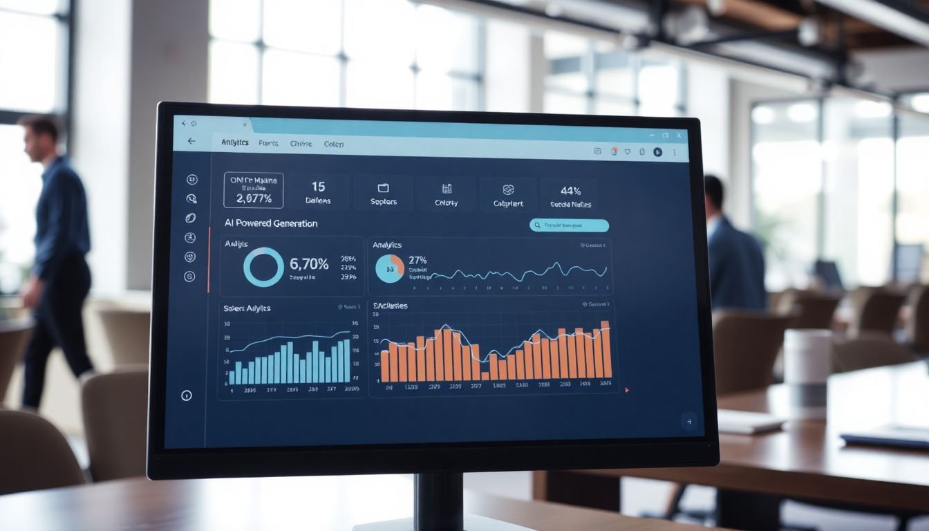 An AI-powered lead generation tool displaying detailed analytics in a modern office.