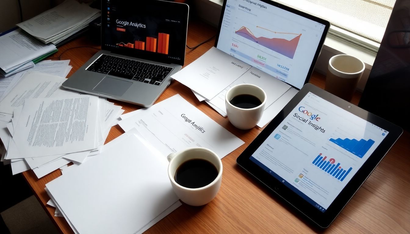 A cluttered desk with papers, a laptop, and a tablet.