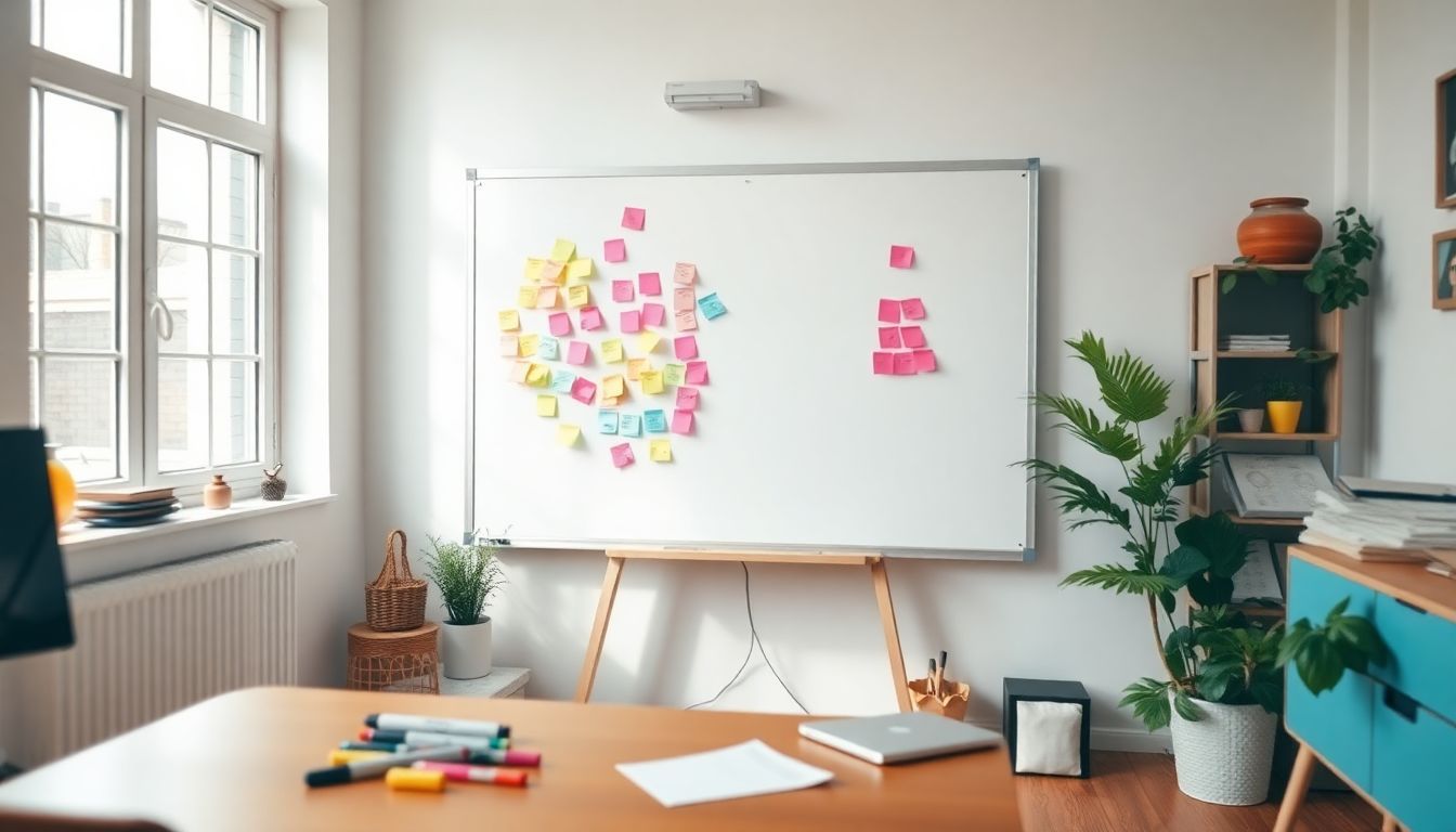 A home office with a colorful whiteboard and scattered markers.