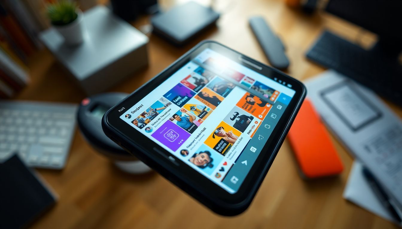 A smartphone showing a colorful social media feed with various ads. A smartphone showing a colorful social media feed with various ads.