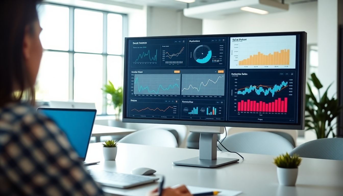 An automated sales dashboard in a modern office displays real-time data.