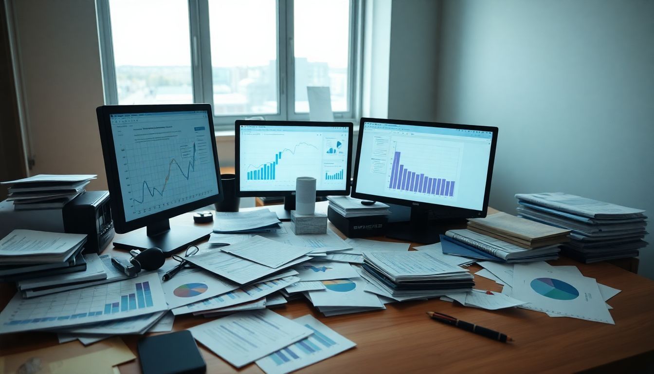 An untidy office desk with data charts and computer. An untidy office desk with data charts and computer.