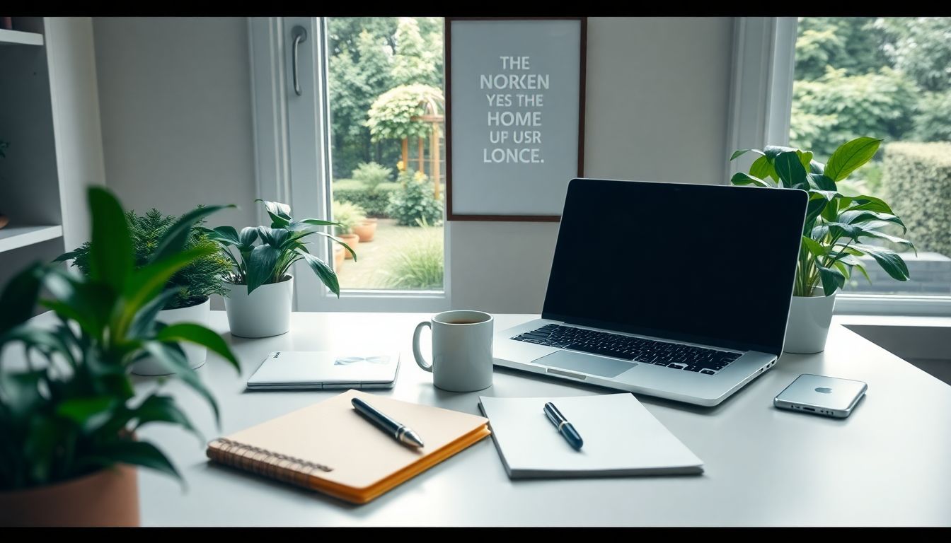 A well-organized home office desk with plants and motivational poster.