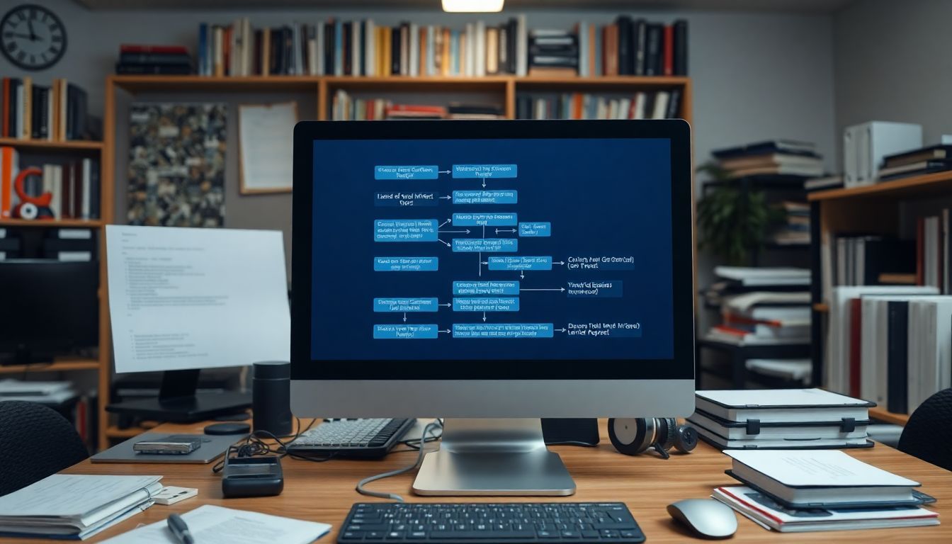 A detailed flowchart of prompts and responses in an AI office.