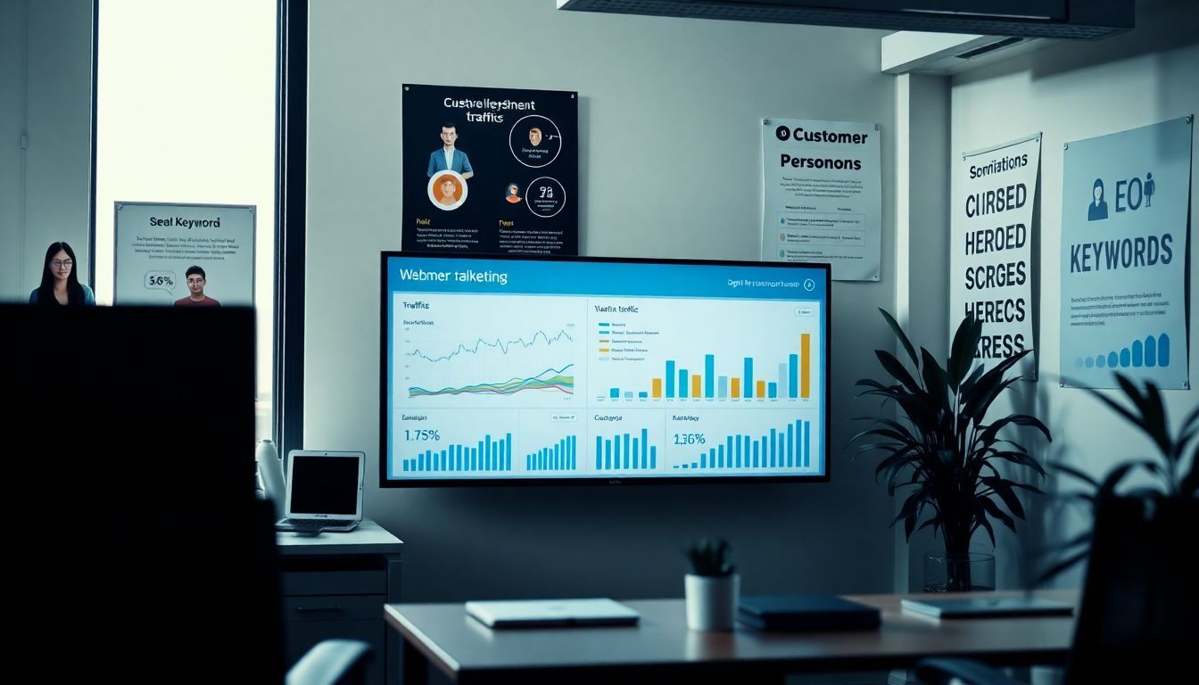 A digital marketing dashboard in an office displaying website metrics and customer personas. A digital marketing dashboard in an office displaying website metrics and customer personas.
