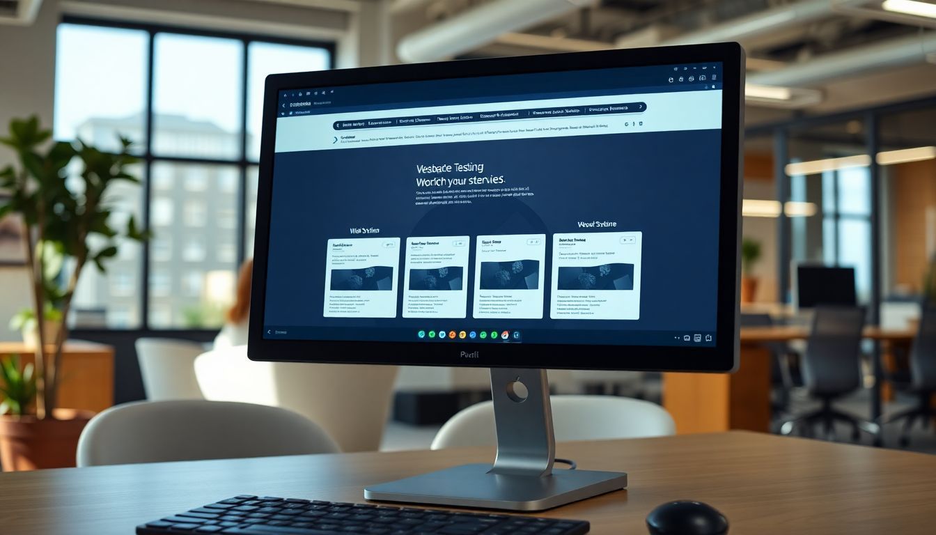 AI software testing various webpage versions in modern office.