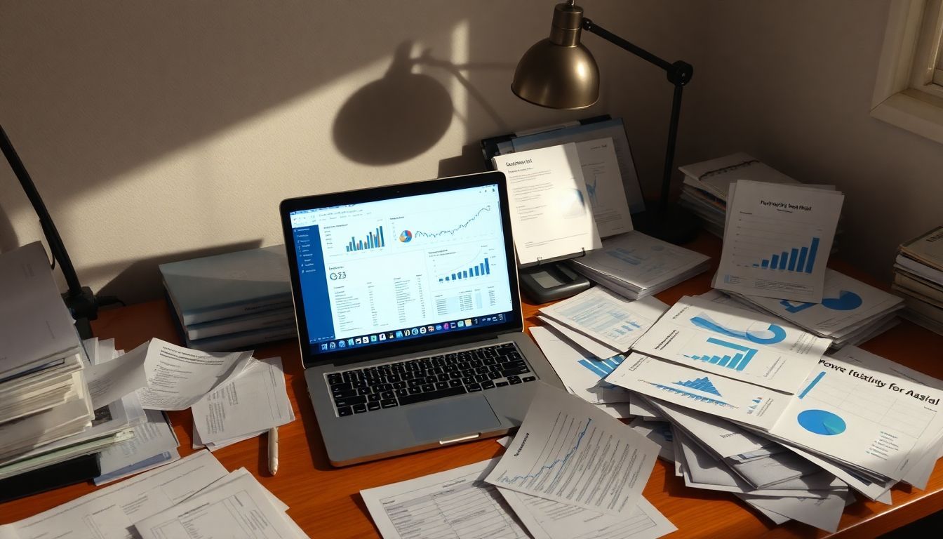 A cluttered desk with open laptop, papers, and business reports. A cluttered desk with open laptop, papers, and business reports.