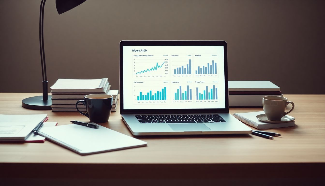 A tidy desk with laptop, graphs, and coffee for a work audit. A tidy desk with laptop, graphs, and coffee for a work audit.