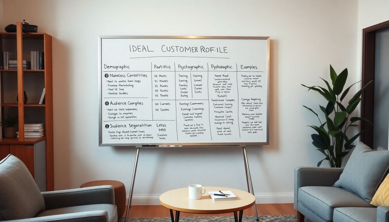 A detailed Ideal Customer Profile (ICP) on a whiteboard in a cozy office.