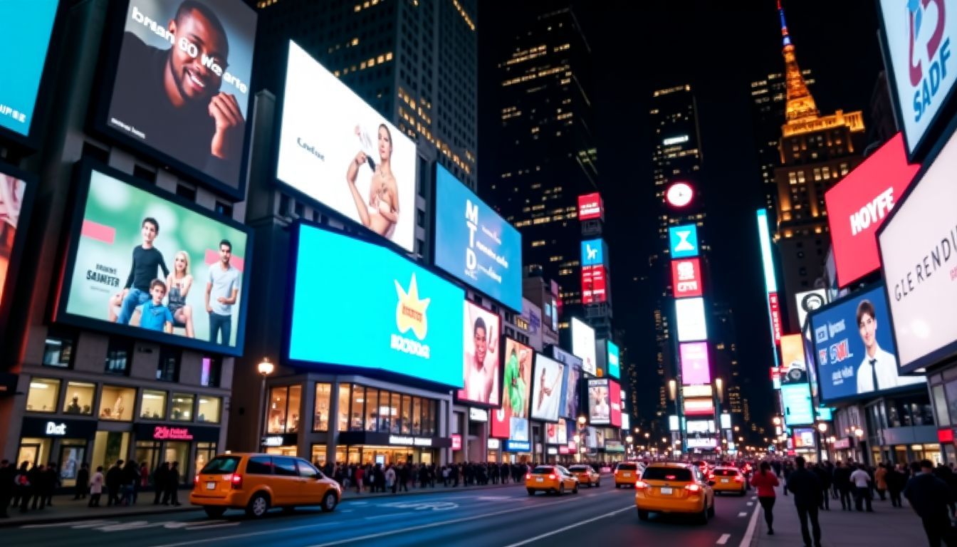 A digital billboard in a busy city street at night.