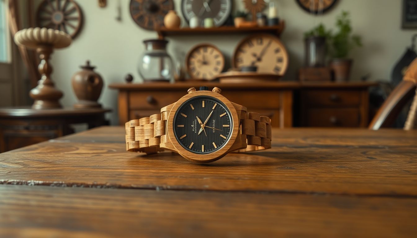 A handcrafted wooden watch on a rustic table in a cozy room.