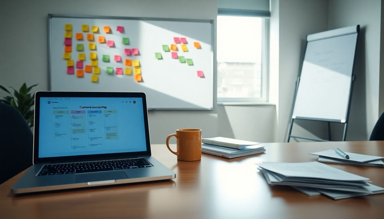 An office desk with customer journey map and marketing materials. An office desk with customer journey map and marketing materials.