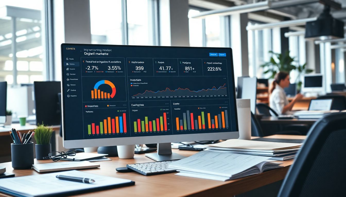 The image shows a cluttered office desk with a digital marketing dashboard. The image shows a cluttered office desk with a digital marketing dashboard.