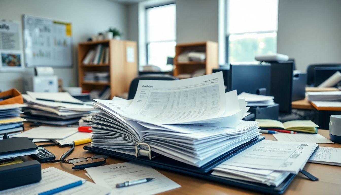 A cluttered desk with an overflowing binder of customer purchase data.