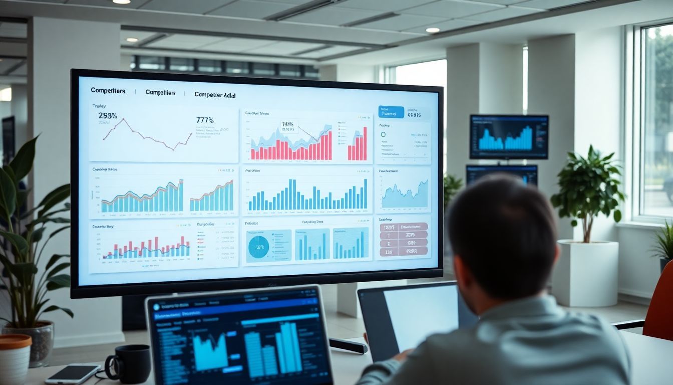 A sophisticated analytics dashboard displaying competitor data trends in a modern office. A sophisticated analytics dashboard displaying competitor data trends in a modern office.