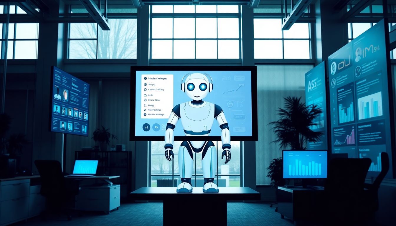 An AI-powered chatbot creating personalized marketing messages in a modern office. An AI-powered chatbot creating personalized marketing messages in a modern office.