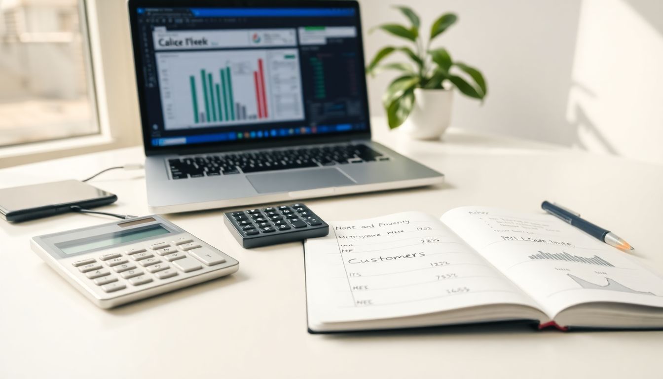A modern office desk with financial tools and plant symbolizing growth. A modern office desk with financial tools and plant symbolizing growth.