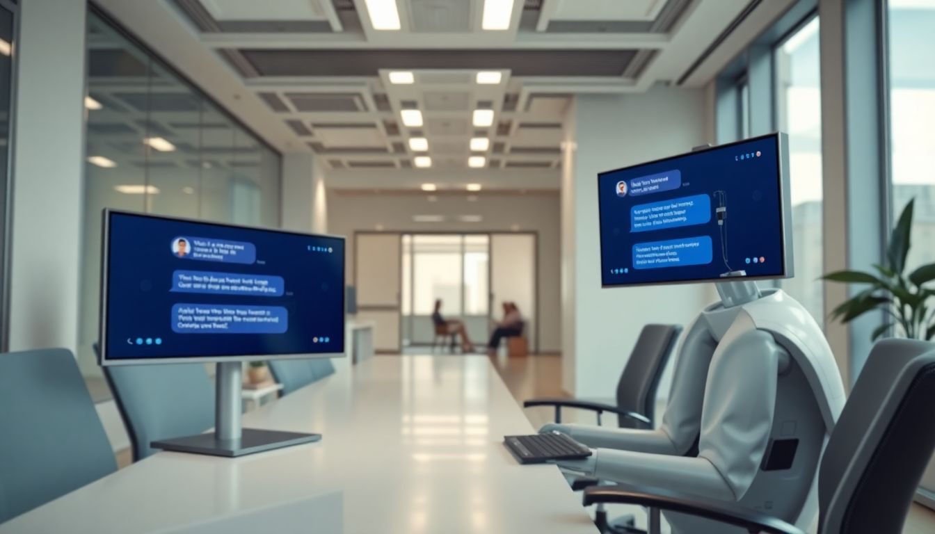 A futuristic office with advanced AI chatbots improving customer service. A futuristic office with advanced AI chatbots improving customer service.