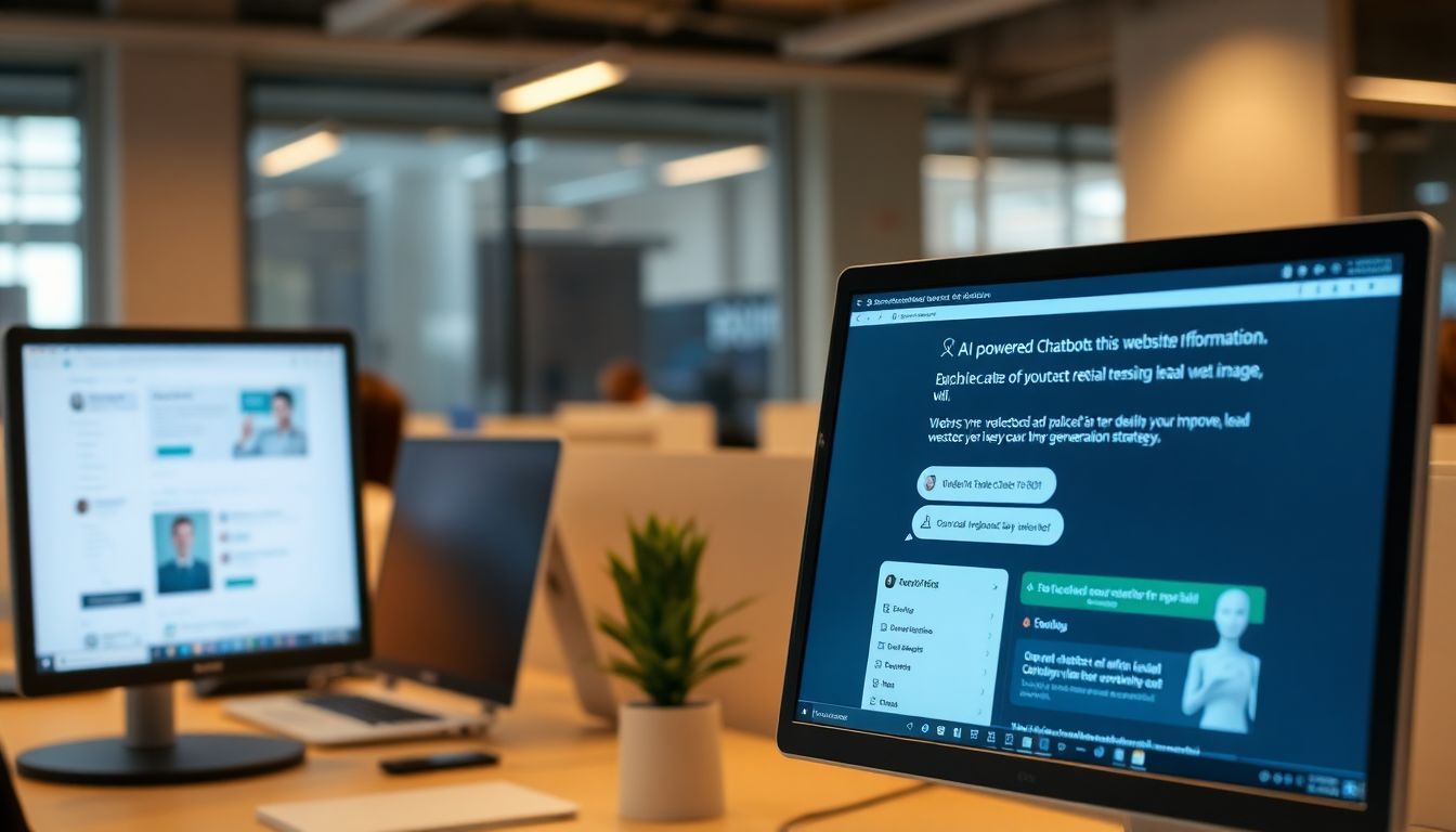 The photo shows AI-powered chatbots interacting with website visitors in an office setting.