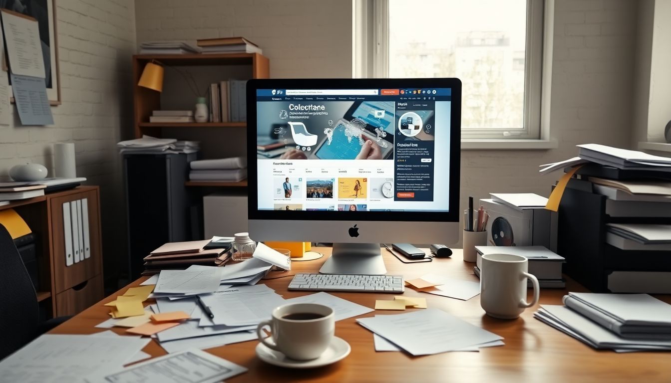 A cluttered office desk with a computer screen showing e-commerce AI algorithms.