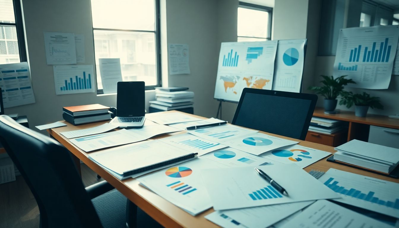 A cluttered office desk with charts, graphs, and data reports. A cluttered office desk with charts, graphs, and data reports.