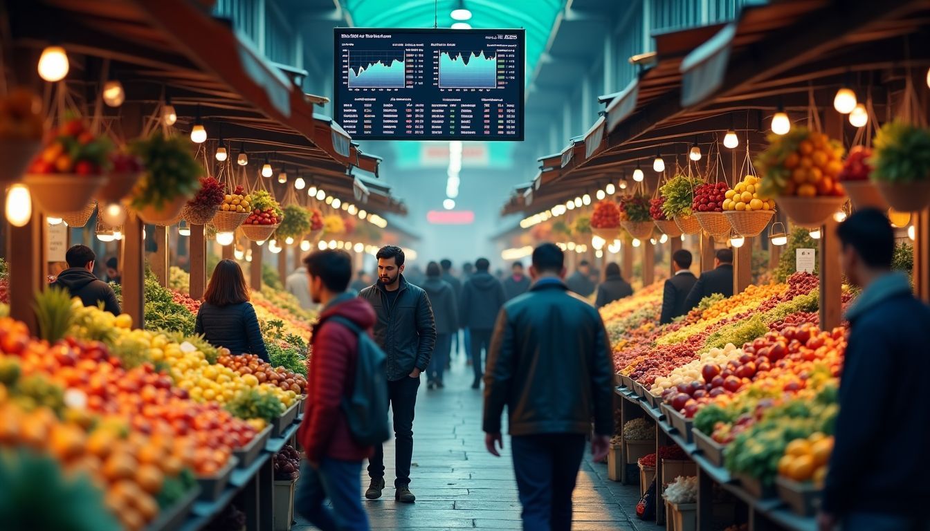 A busy marketplace with stalls selling various goods and people walking around.