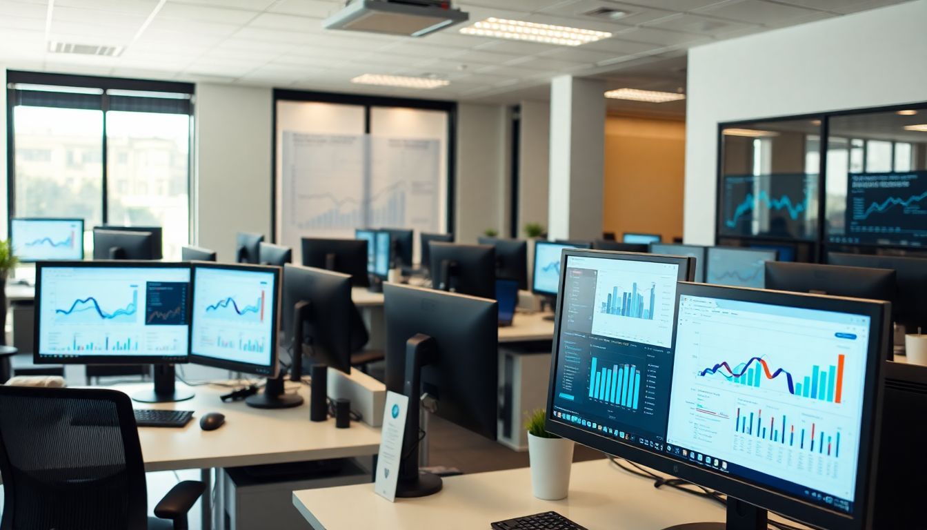 A modern office space with multiple computer screens displaying data analytics. A modern office space with multiple computer screens displaying data analytics.