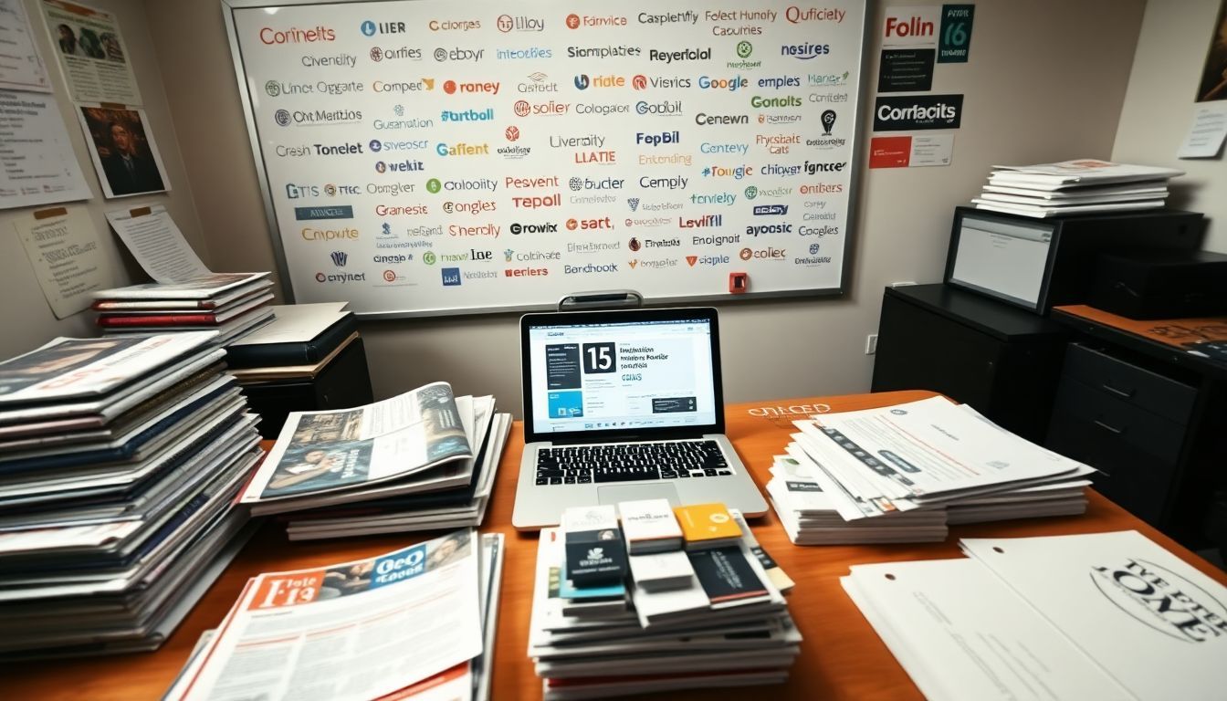 An office desk cluttered with industry publications, a laptop, and business cards.