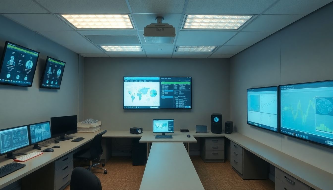 An organized control room with multiple AI prompts and data analysis screens.