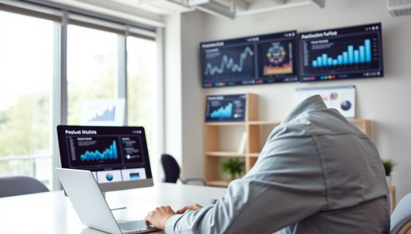 AI software creating modern website layout in bright office with data analytics.